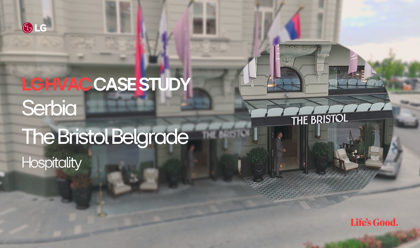 Entrance of The Bristol Hotel in Belgrade with LG HVAC case study branding and outdoor seating