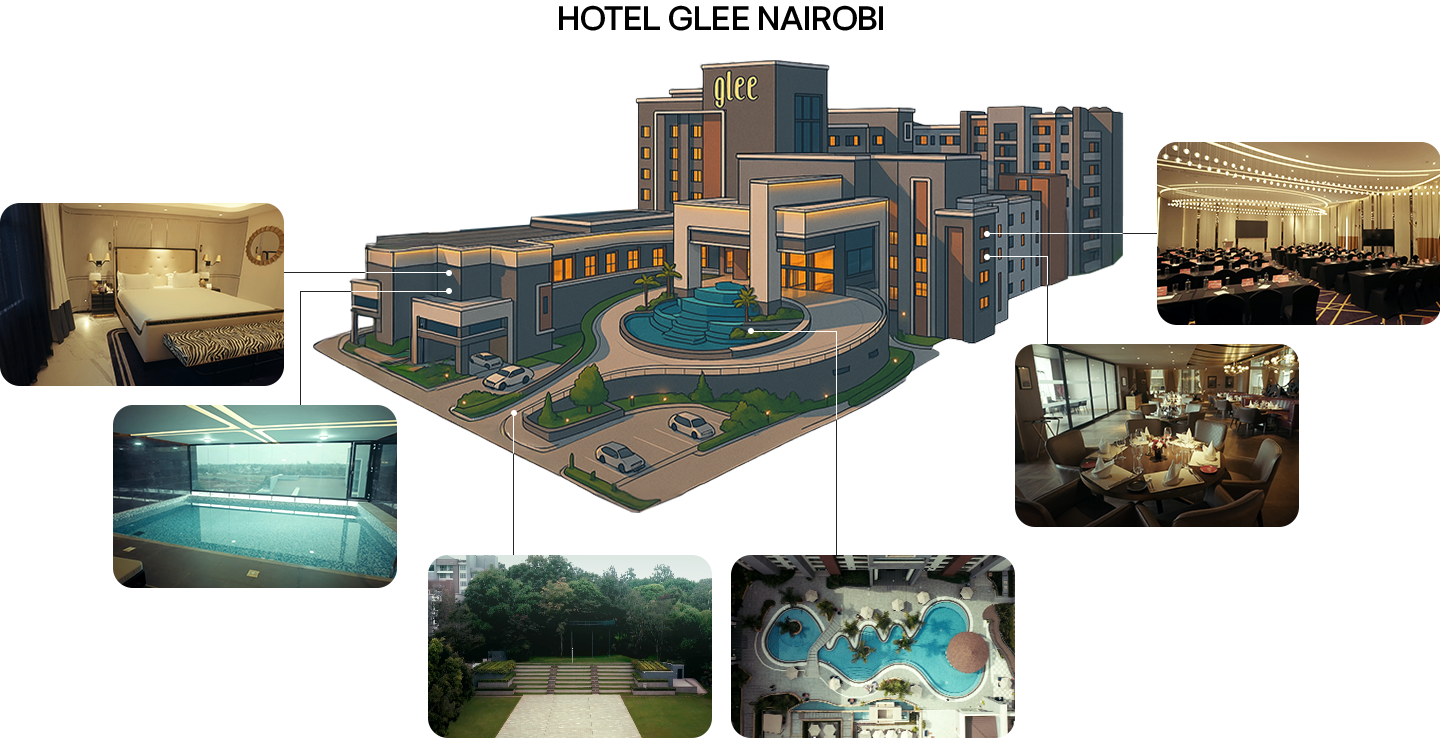 Glee Hotel amenities including luxury rooms, pools, restaurant, garden, and conference hall