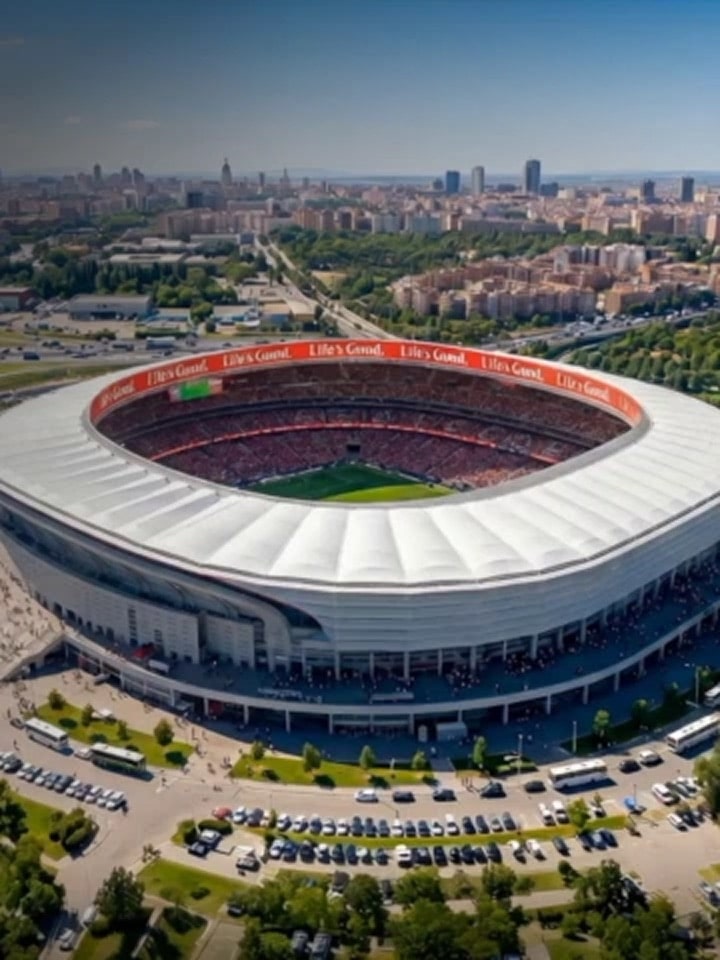 Aerial view of a large sports stadium. 