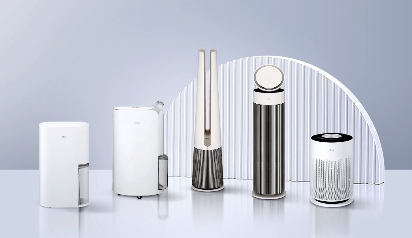 The PuriCare™ Inverter Smart Dehumidifier, PuriCare™ DUAL Inverter Dehumidifier, PuriCare™ AeroTower, PuriCare™ AeroBooster and PuriCare™ 360° Hit Air Purifier are displayed side by side from left to right.