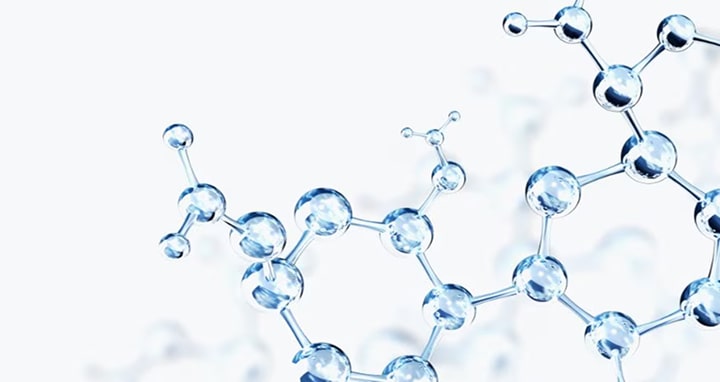 lose-up illustration of a molecular structure made of transparent blue spheres and connecting bonds, representing chemistry or advanced materials