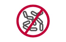 Red crossed-out bacteria symbol representing powerful antimicrobial protection.