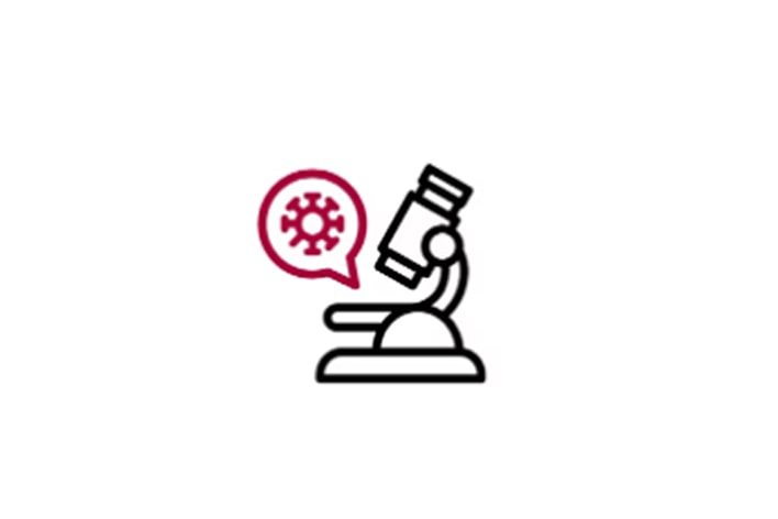 Microscope icon with a virus symbol in a speech bubble.