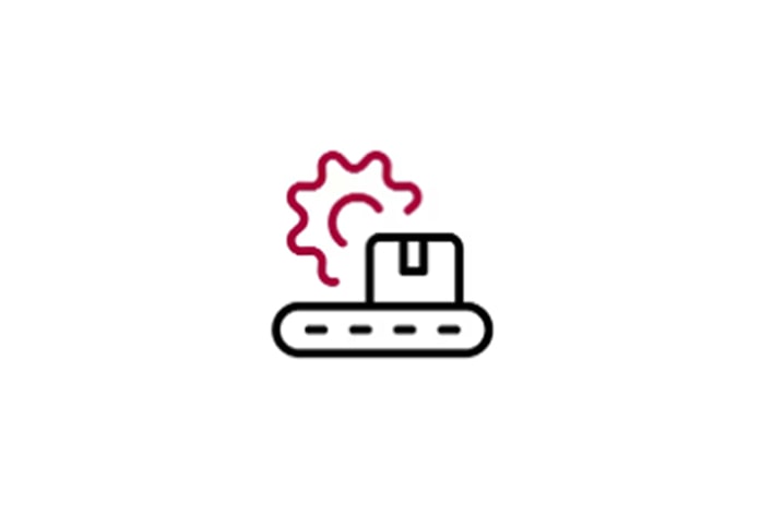 Conveyor belt icon with a package and gear.