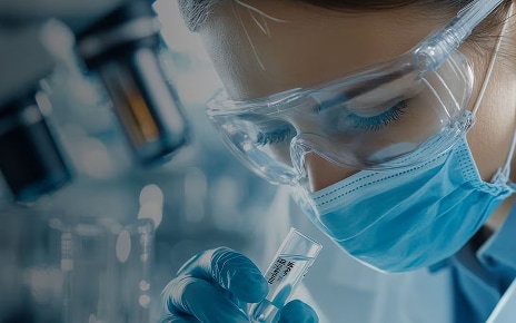 Scientist in safety goggles and mask examining a test tube in a laboratory.