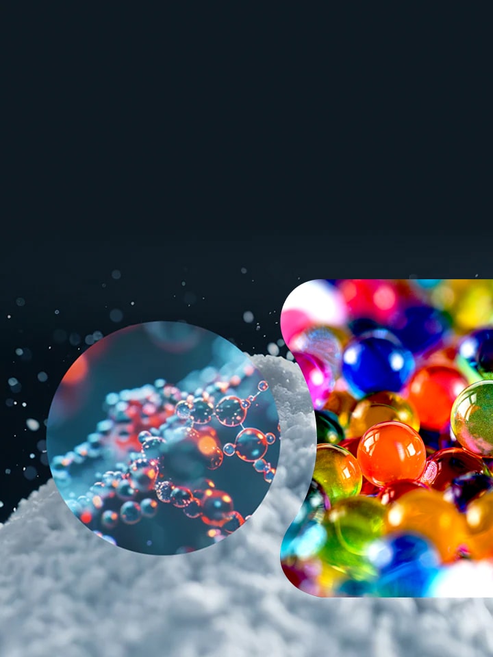 Close-up of white powder with overlay images showing a molecular structure and colorful plastic pellets.