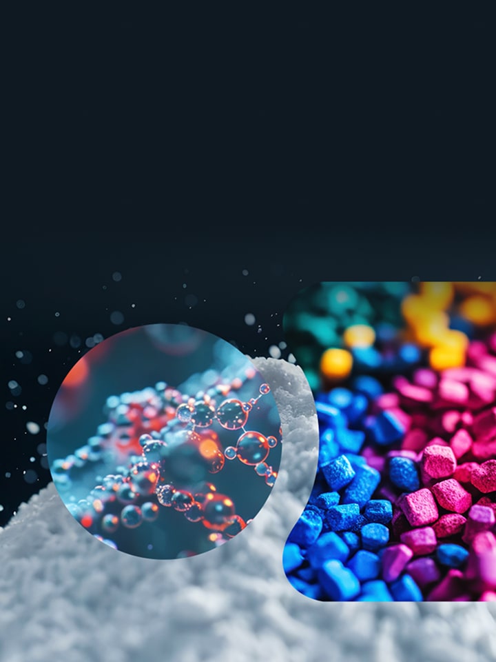 Close-up of white powder with overlay images showing a molecular structure and colorful plastic pellets.