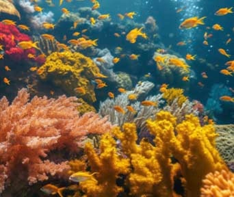 Tropical coral reef with orange, pink, and yellow corals and small fish