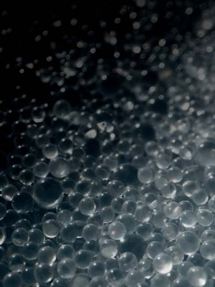 Close-up of transparent glass beads