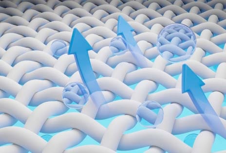 Arrows and bubbles moving through woven fabric structure