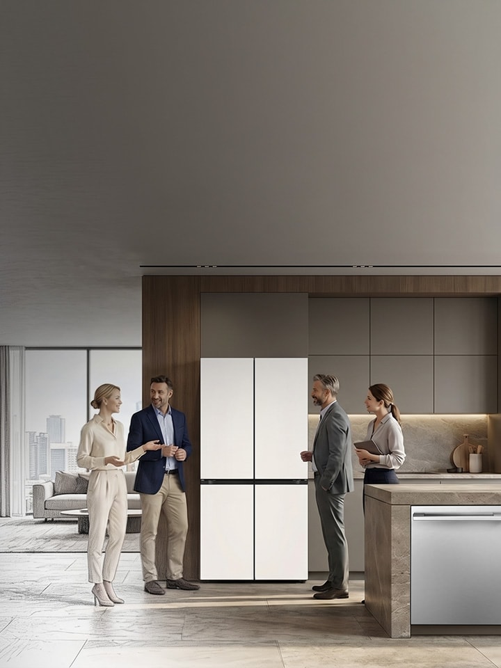 Business professionals consulting in a premium residential kitchen with LG appliances, framed by an architectural blueprint