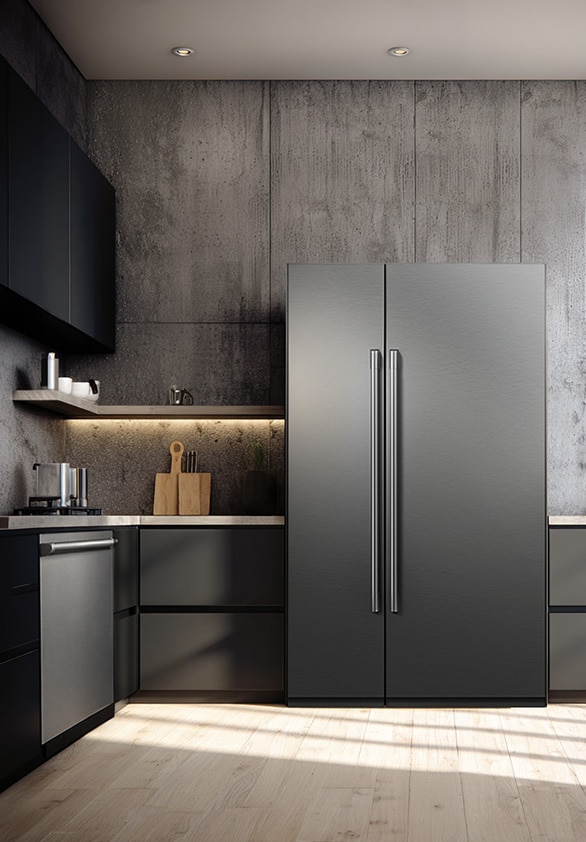Dark-toned premium kitchen with black matte cabinetry and LG side-by-side refrigerator for high-tier residential spec