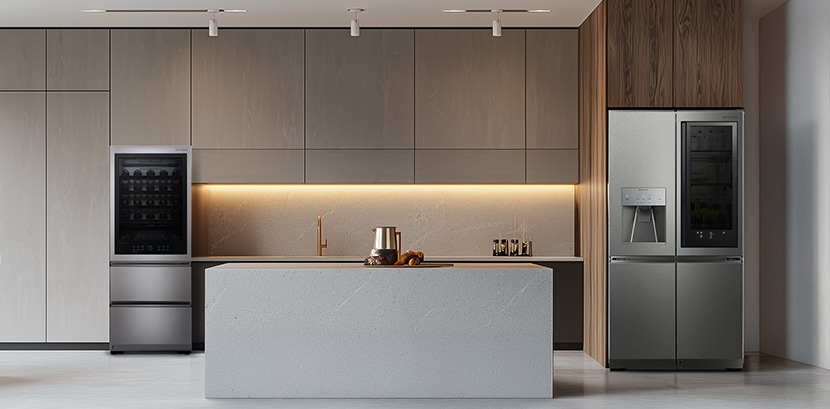Modern open kitchen with marble island and warm cabinetry featuring LG InstaView refrigerator and wine cooler