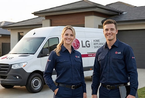 Two LG technicians beside a branded service van, representing LG's in-house direct after-sales service network.