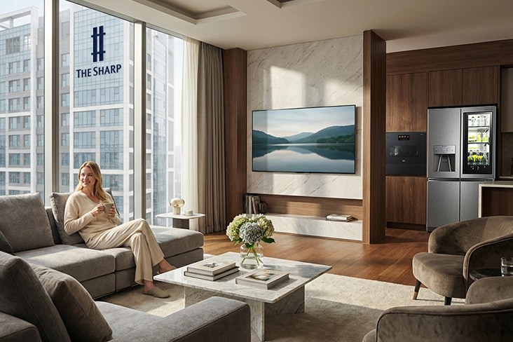 Luxury living room at The Sharp by POSCO E&C, featuring LG ThinQ ON deployed across over 10,000 households in Korea.