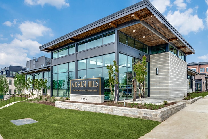 Exterior view of August Hills residential development in Dallas, TX, equipped with LG Brand Core appliances throughout.