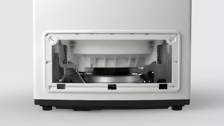 LG washer front service panel open for easy maintenance