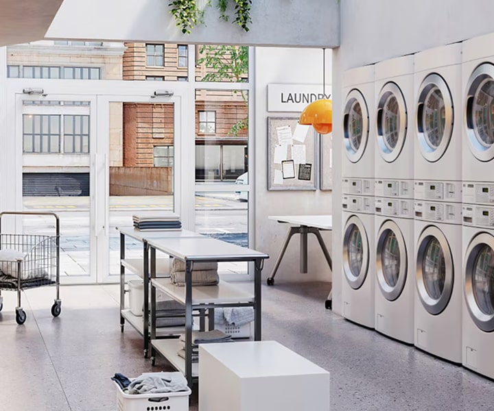 Modern laundromat with rows of LG commercial washers and dryers, laundry carts, and folding tables