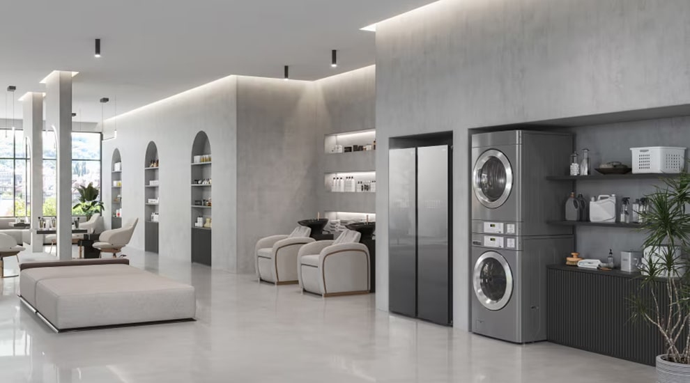 Modern lounge with LG stacked washer and dryer integrated into interior design