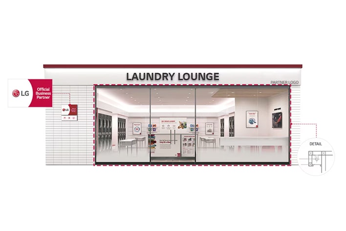 LG Smart Laundry Lounge exterior view with branded signage and posters designed to attract customers and maximize business visibility.