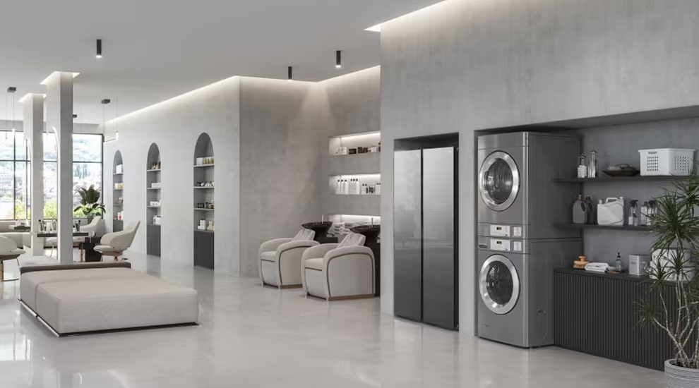 Modern lounge with LG stacked washer and dryer integrated into interior design