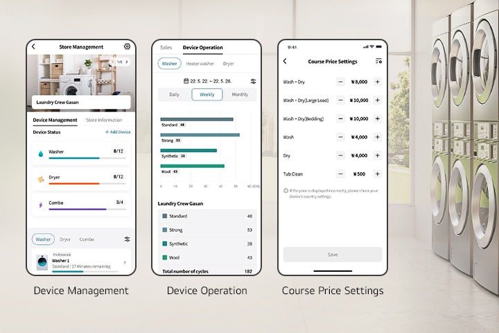 Manager app interface displaying store and device management for commercial laundry operations