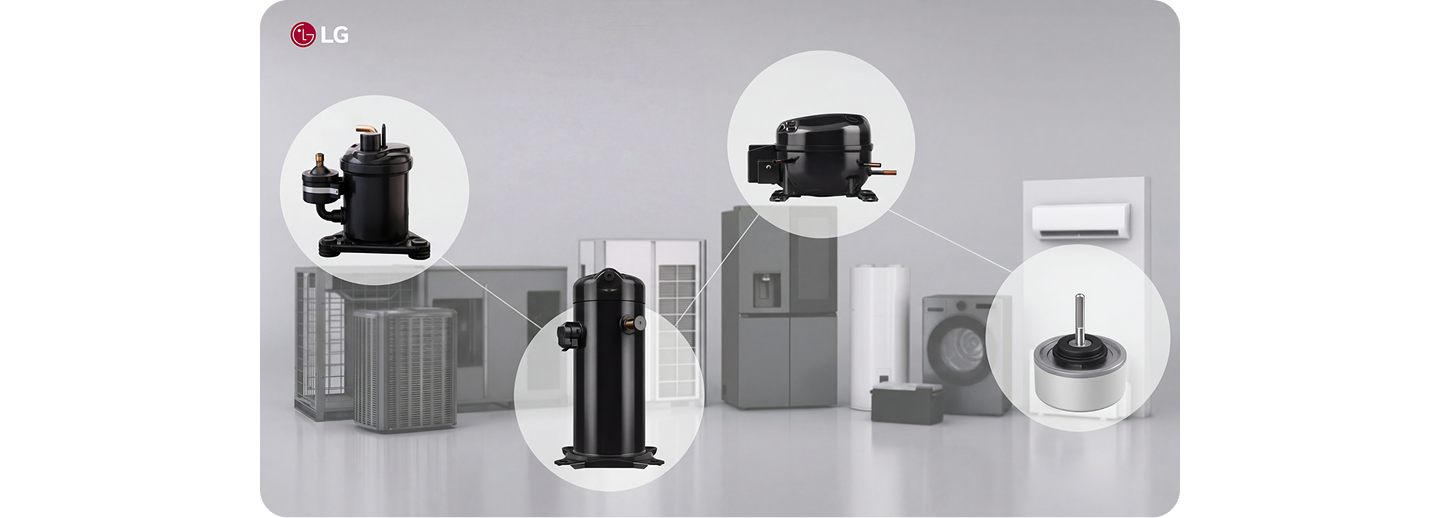 LG compressors and motor solutions shown across HVAC and home appliance applications.