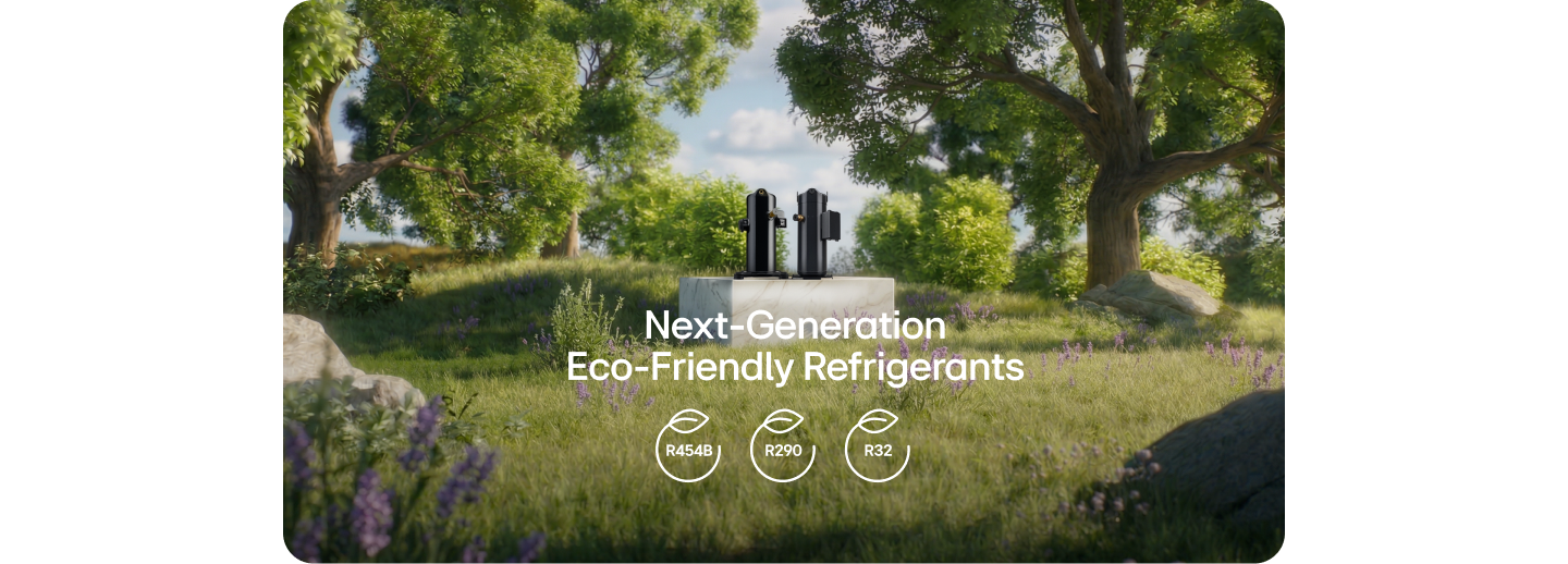 Next-generation eco-friendly refrigerants with compressors displayed in a natural landscape, highlighting R454B, R290, and R32.