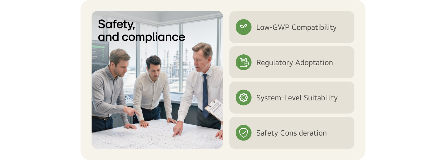 LG compressor engineers reviewing safety and compliance requirements including Low-GWP refrigerant compatibility, regulatory adaptation, system-level suitability, and safety consideration for sustainable HVAC&R compressor design