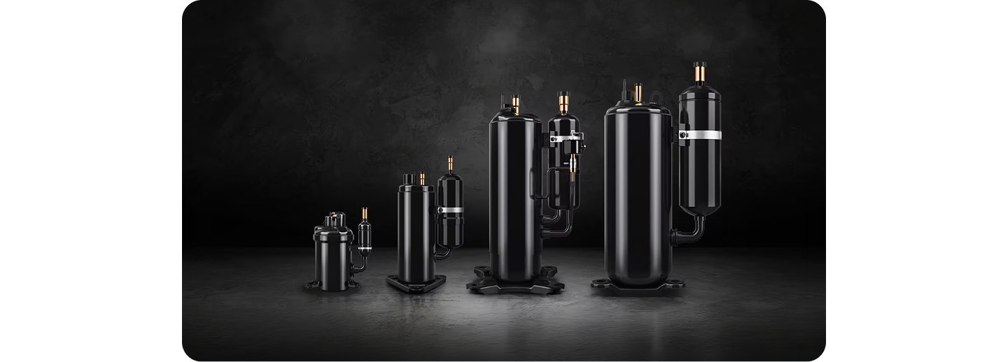 Image showing a compressor lineup on a dark background, with multiple models in different sizes arranged side by side to present the product portfolio visually.