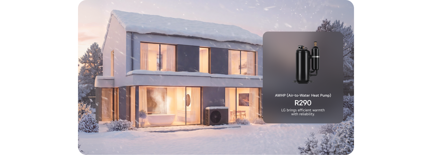 Image showing an AWHP (Air-to-Water Heat Pump) application at a snow-covered house with an outdoor unit, alongside an overlay featuring a compressor product image.