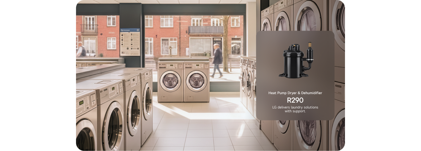 Image showing a Heat Pump Dryer application in a laundry space, with multiple washer and dryer units and an overlay featuring a compressor product image.