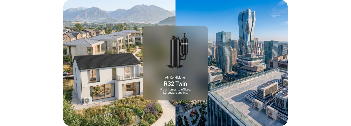 Image showing Air Conditioner applications in residential and commercial environments, with a house and outdoor unit on the left, rooftop HVAC equipment on the right, and a central overlay featuring a compressor product image and the DJT420M model name.