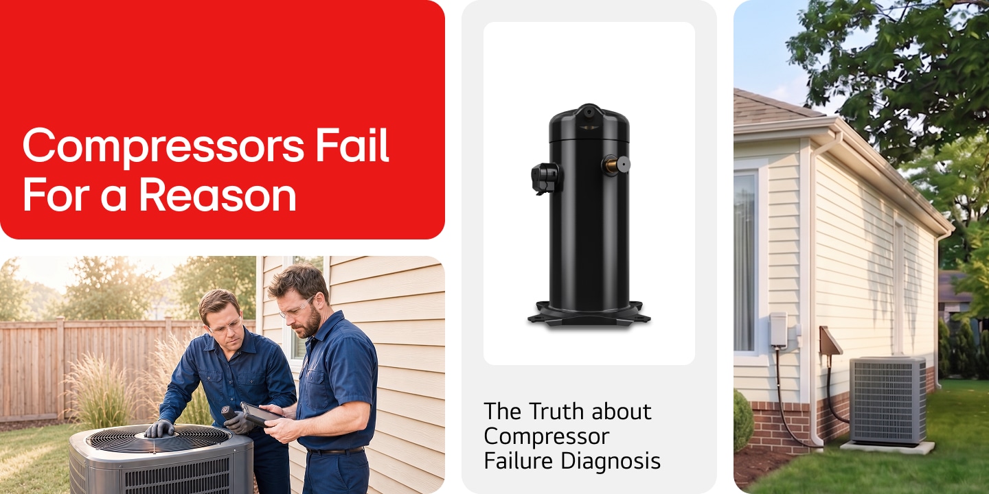 HVAC technicians diagnosing an AC compressor failure on a residential condenser unit — why compressor replacement fails without proper root cause diagnosis		 		 		