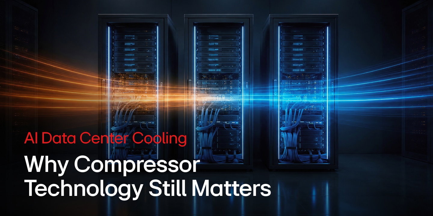 High-density AI data center server racks with hot and cold airflow illustrating compressor-based cooling technology.