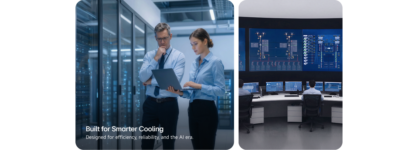 Data center engineers monitoring server infrastructure and smart cooling systems for efficient, reliable AI workloads.	 	 	