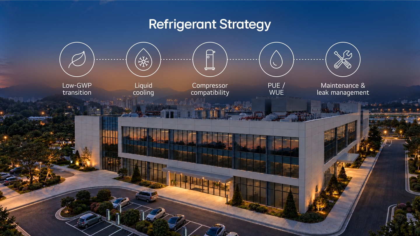 Diagram summarizing a 5-step data center refrigerant strategy: low-GWP transition, liquid cooling, compressor compatibility, PUE/WUE, and maintenance and leak management, with a nighttime data center building