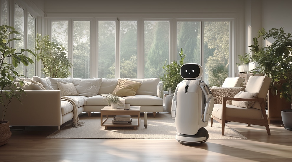 A home living room with a service robot standing on a rug between a sofa and coffee table with large windows behind it