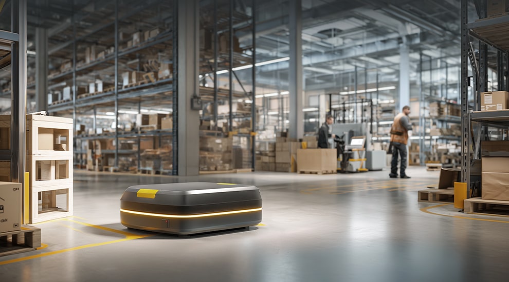 A warehouse interior with an autonomous floor robot moving as workers and shelves are visible in the background