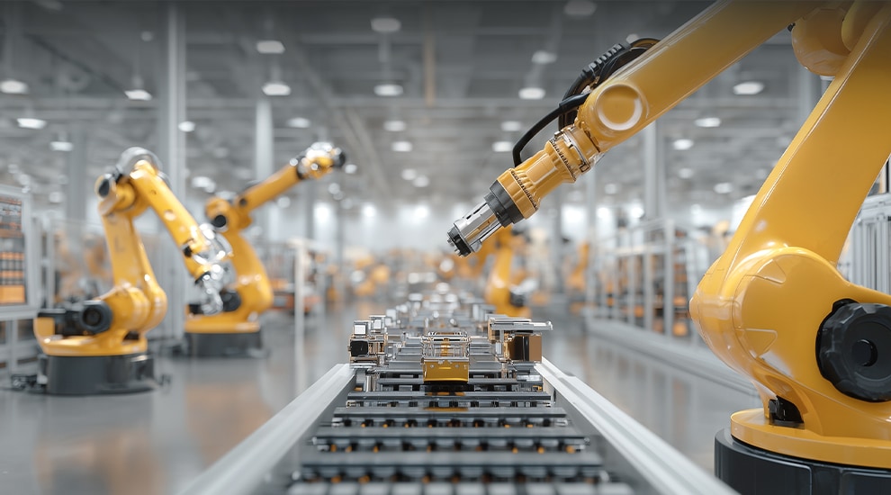 An industrial assembly line where robotic arms operate above a conveyor, performing automated manufacturing tasks