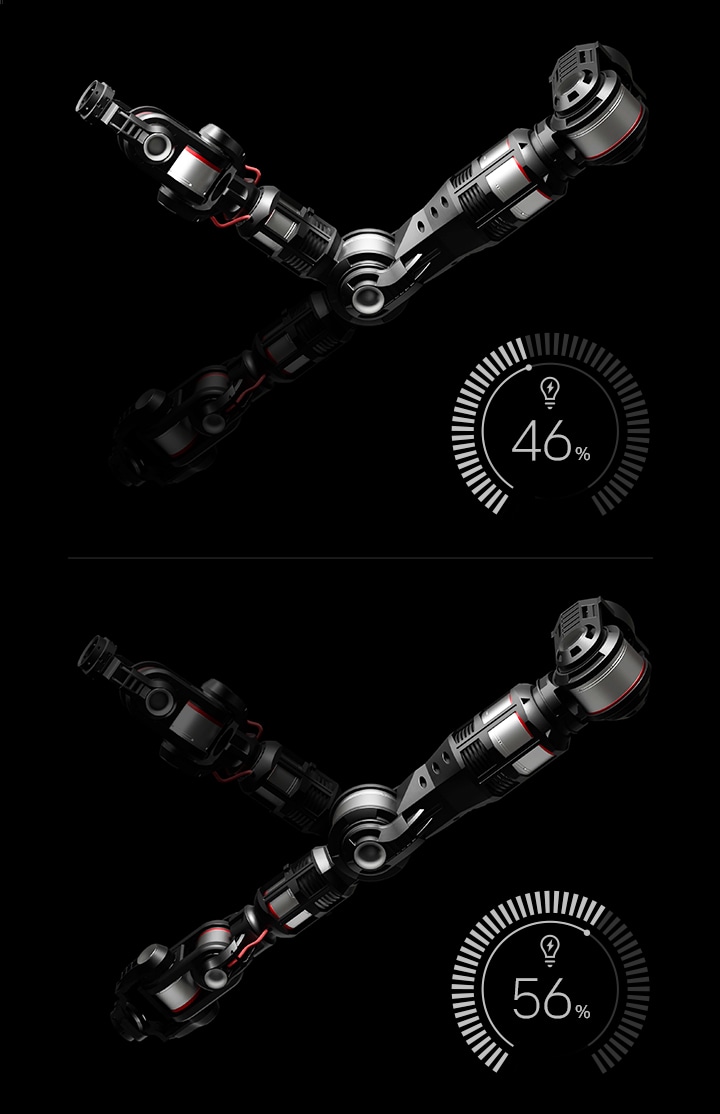 LG actuator shown in motion with energy indicators increasing from 46% to 56%, illustrating energy reuse for longer operation