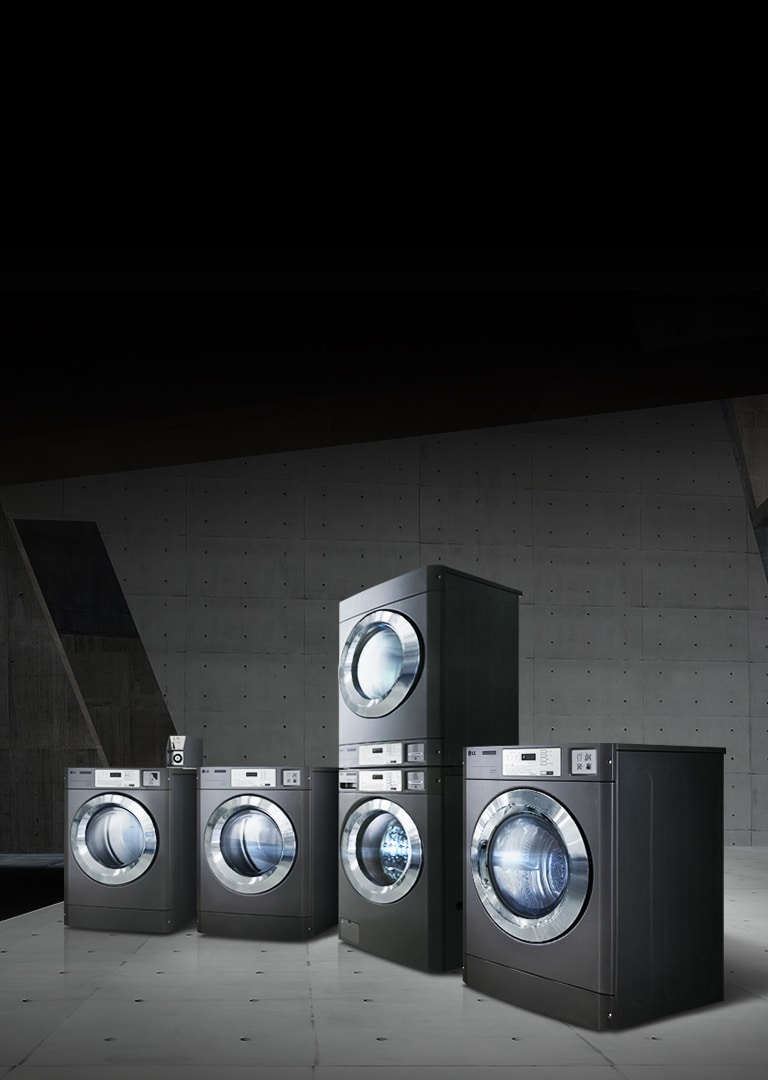 LG Commercial Dryer lineup displayed in a modern industrial setting, showcasing durability and efficiency. Professional-grade LG dryers designed for reliability in commercial laundry businesses