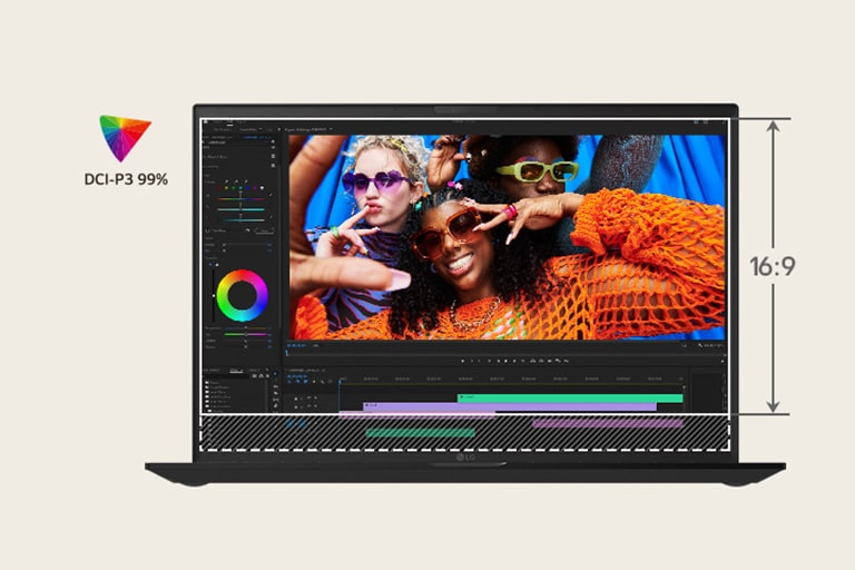 The image represents an animation transitioning from a 16:9 aspect ratio on the top screen to a taller 16:10 aspect ratio on the bottom screen. The DCI-P3 99% logo is visible in the bottom-right corner. This transformation visually emphasizes the additional vertical space provided by the 16:10 aspect ratio, ideal for productivity and multitasking.