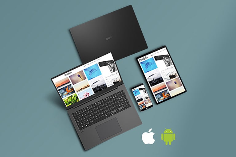 A laptop, tablet, and smartphone are displayed together, all showcasing synchronized content on their screens. The 'gram Link' feature is highlighted, with Apple and Android logos in the bottom right corner, emphasizing cross-device connectivity.