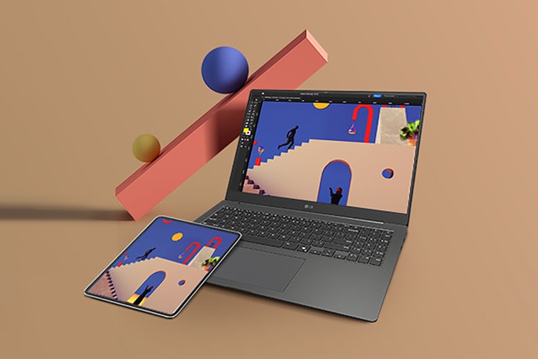 A laptop and a tablet are displayed side by side, both showing the same colorful and artistic design on their screens. The background features geometric shapes, emphasizing creative work and seamless device synchronization.