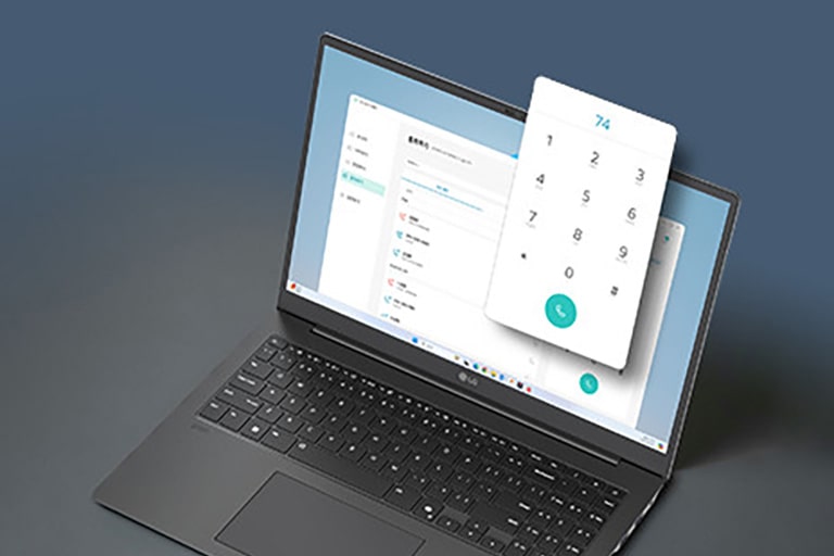 A laptop displaying a communication interface with a floating dial pad, emphasizing its capability to make calls directly from the device. This setup highlights enhanced connectivity and productivity features.