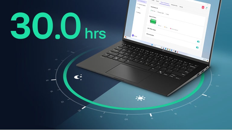 A laptop displaying a battery usage interface on its screen, surrounded by a circular visual representation of time. The text '72Wh' is prominently featured, highlighting battery life.