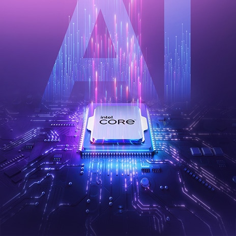 The image features an Intel Core processor set against a vibrant, futuristic background with shades of purple and blue. The large, semi-transparent letters "AI" are prominently displayed in the background, reinforcing the focus on artificial intelligence..