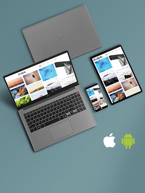The image showcases a collection of devices including a laptop, tablet, and smartphone, all displaying the same content, emphasizing seamless cross-device connectivity. With both Apple and Android logos in the bottom right corner.