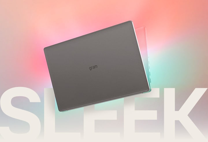 The image shows the rear view of a slim, gray "gram" laptop. The background features a smooth gradient transitioning from pink to green. The word "SLEEK" is prominently displayed in large, semi-transparent white text.
